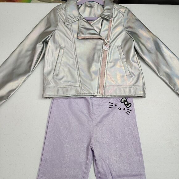 Sanrio Hello Kitty Girls Metallic Silver Moto Jacket & Pants Outfit Set Size 6 - Picture 3 of 13